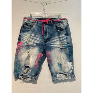 Switch Remarkable Mens 36 Distressed Denim Shorts Blue Paint Splatter‎ Pink Cord